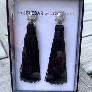 Faux pearl and black tassel earrings